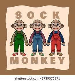 Trio of textured Sock Monkey artisans in colorful corduroy overalls. Sock Monkey Day, March 7th.