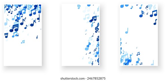 A trio of vertical panels, each adorned with a unique arrangement of blue music notes, creating a visually harmonious set ideal for thematic decoration or background use.