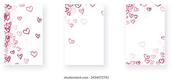 Trio of vertical vector cards, each adorned with a gradient of sketched hearts ranging from a dense concentration of deep reds to sparse, lighter pinks