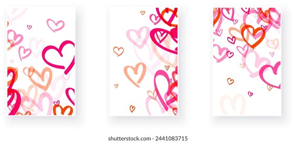 Trio of vertical vector cards, each decorated with hearts in a gradient from orange to light pink, suitable for Valentine's Day. Vector illustration