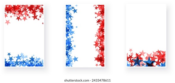 A trio of vibrant designs featuring bursts of red and blue stars, evoking a celebratory and patriotic atmosphere
