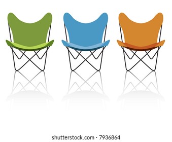 Trio of vintage/retro butterfly chairs with reflection; easy-edit file makes changing the chair colors simple.