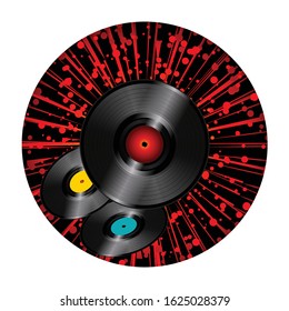 Trio Of Vinyl Discs Over Circular Black Border With Red Starburst On White Background