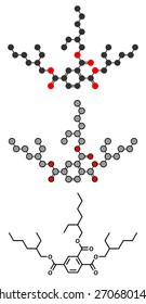 tri-octyl-trimellitate (TOTM, tris (2-ethylhexyl) trimellitate) plasticizer molecule. Alternative to phthalate plasticizers. Stylized 2D renderings and conventional skeletal formula.