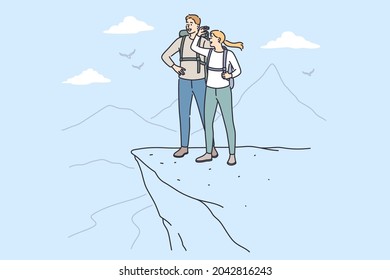 Trip, adventure and summer vacations concept. Young happy couple cartoon characters standing with backpacks looking at scenery view from mountain top peak feeling freedom vector illustration 