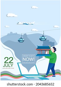 Trip advertising banner. Modern cable car in mountaine landscape, landmark of korean city. Travel company poster for travelers, vacation to south korea, major port city with attractions