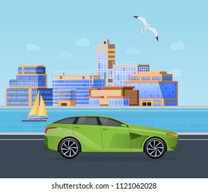 Trip along an asphalt road on machine, journey on highway. Moving on car, on background of city tall skyscrapers, megalopolis, river reservoirs with sailboat, city landscape. Vector illustration.