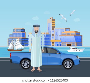 Trip along an road on machine, journey on highway. Arab muslim saudi man moving on car, on background of city tall skyscrapers, city landscape arabian man car driver. Vector illustration