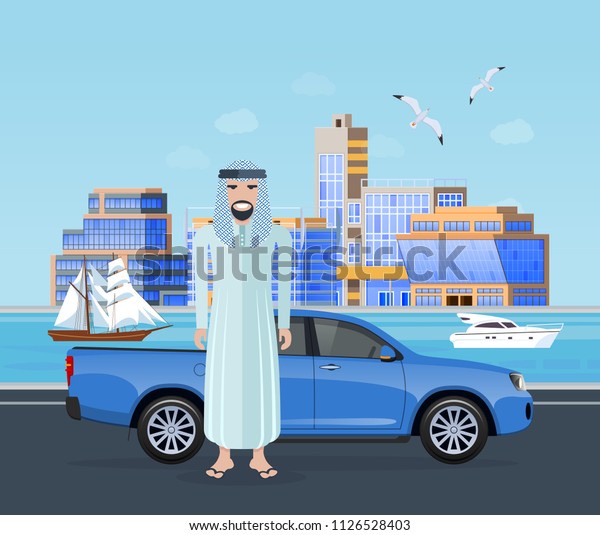 Trip along an road on machine, journey on\
highway. Arab muslim saudi man moving on car, on background of city\
tall skyscrapers, city landscape arabian man car driver. Vector\
illustration