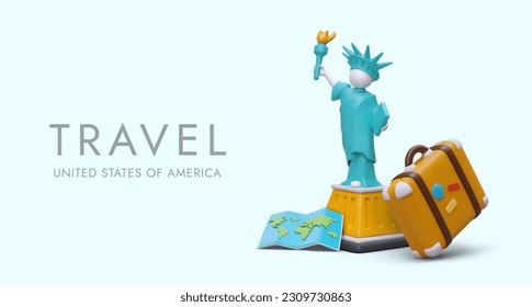 Trip to America. Excursions around New York, visiting Statue of Liberty. Vector concept with colored 3D objects in cartoon style. Template for advertising travel services