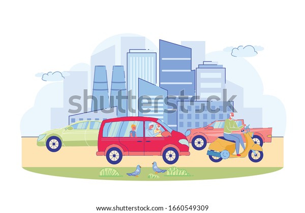 Trip around City in Transport with
Grandparents. Grandmother and Grandfather Drive Car with Small
Grandson in Back Seat. There many other Cars on Road, Boy Peers out
Window with Interest.