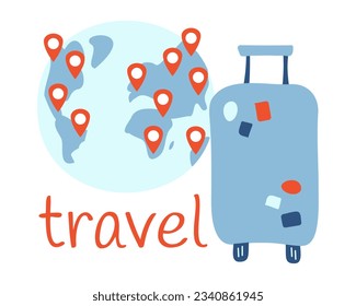 Trip around the planet. Suitcase with stickers. Location on earth. Red Pins on the map. Travel text. Tourist luggage. Journey theme. Vector illustration.