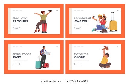 Trip around the World Landing Page Template Set. Travelers with Luggage and Various Travel Items. Image Promoting Travel Agencies, Tour Operators, Vacation Packages. Cartoon Vector Illustration