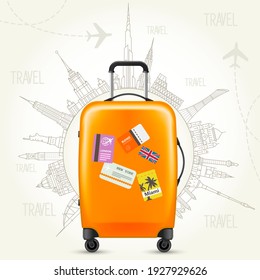 Trip around the world, travel poster with suitcase and world landmarks, journey banner, vector