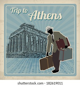 Trip to Athens poster in vintage style, vector illustration