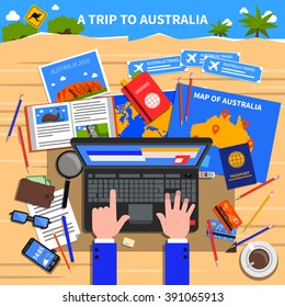 Trip to Australia concept with planning and calculating expenses symbols flat vector illustration 