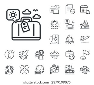 Trip bag sign. Plane jet, travel map and baggage claim outline icons. Travel luggage line icon. Holidays case symbol. Travel luggage line sign. Car rental, taxi transport icon. Place location. Vector