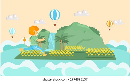 Trip in beautiful green park travel concept and adventure tourism. Journey, vacation to green island in ocean. Cartoon traveler running near plants and mountains with waterfall, hot air ballon