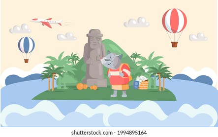 Trip in beautiful green park travel concept and adventure tourism. Cartoon traveler standing near stone figure, plants and mountains with hot air balloons. Journey, vacation to green island in ocean