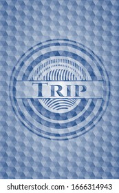 Trip blue badge with geometric background. Vector Illustration. Detailed.
