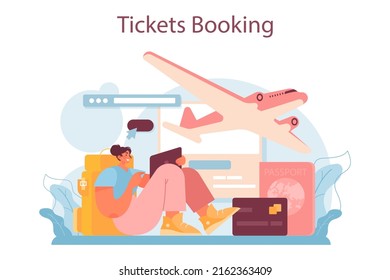 Trip booking concept. Buying a ticket for plane. Idea of travel and tourism. Planning trip online. Vector illustration in cartoon style