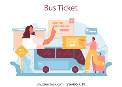 Trip booking concept. Buying a ticket for bus. Idea of travel and tourism. Planning trip online. Vector illustration in cartoon style