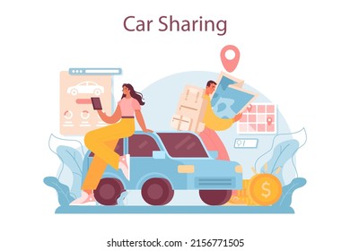 Trip booking concept. Car sharing service. Idea of vehicle share and transportation. Mobile application for automobile renting. Planning trip online. Flat vector illustration