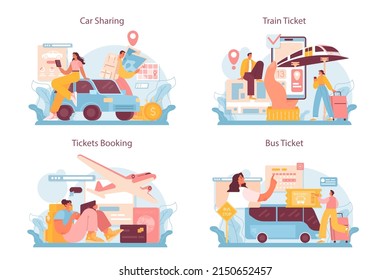 Trip booking concept set. Buying a ticket for plane, bus or train. Car sharing service. Idea of travel and tourism. Planning trip online. Vector illustration in cartoon style