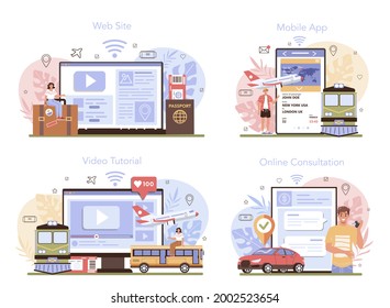 Trip booking online service or platform set. Buying a ticket for plane, bus or train. Car sharing service. Online consultation, video tutorial, mobile app, website. Vector flat illustration