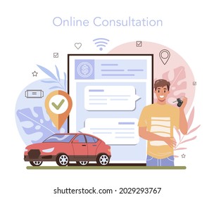 Trip booking online service or platform. Buying a ticket for plane, bus or train. Car sharing service. Online consultation. Vector flat illustration