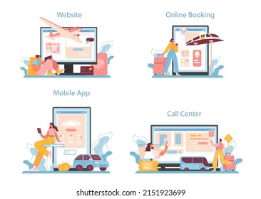 Trip booking online service or platform set. Buying a ticket for plane, bus or train. Car sharing service. Travel and tourism. Online booking, call center, mobile app, website. Vector illustration