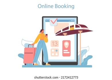 Trip booking online service or platform. Buying a ticket for plane, bus or train. Car sharing service. Travel and tourism. Online booking. Vector illustration