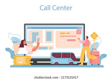 Trip booking online service or platform. Buying a ticket for plane, bus or train. Car sharing service. Travel and tourism. Call center. Vector illustration