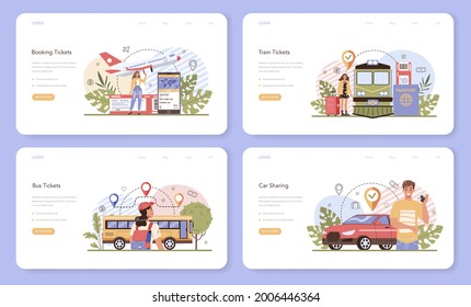 Trip booking web banner or landing page set. Buying a ticket for plane, bus or train. Car sharing service. Idea of travel and tourism. Planning trip online. Vector illustration in cartoon style