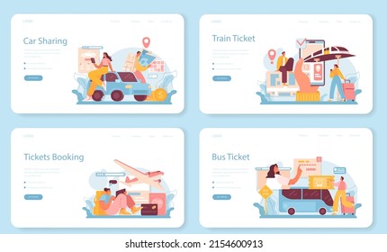 Trip booking web banner or landing page set. Buying a ticket for plane, bus or train. Car sharing service. Idea of travel and tourism. Planning trip online. Vector illustration in cartoon style