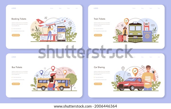 Trip booking web banner or landing page set. Buying\
a ticket for plane, bus or train. Car sharing service. Idea of\
travel and tourism. Planning trip online. Vector illustration in\
cartoon style