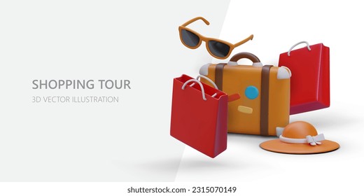 Viaje para ropa de marca. Cosas de diseñadores famosos. Reservar entradas para espectáculos de moda. Ilustración 3D para la página de aterrizaje del operador turístico. Paquetes, bolsas de papel, maleta