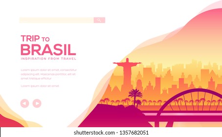 Fahren Sie zur Vorlage für die Landepage der brasilianischen Vektorillustration. Südamerika besichtigt Webbanner mit Textraum. Rio de Janeiro Skyline minimalistische Illustration. Homepage der weltbekannten Sehenswürdigkeiten