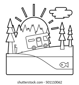 Trip by camper in forest concept. Outline illustration of trip by camper in forest vector concept for web