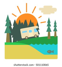 Trip by camper in forest concept. Flat illustration of trip by camper in forest vector concept for web