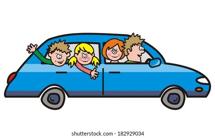 trip at car, humorous vector illustration