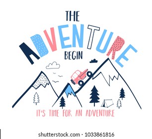 Trip car vector illustration for t-shirt design with slogan. Vector illustration design for fashion fabrics, textile graphics, prints.	