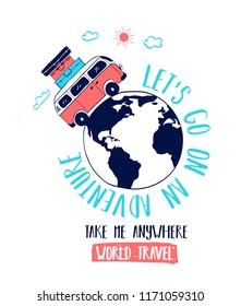 Trip car vector illustration for t-shirt design with slogan. Vector illustration design for fashion fabrics, textile graphics, prints.