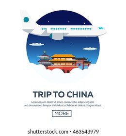 Trip to China. Travelling illustration. Modern flat design. Travel by airplane, vacation, adventure, trip. Time to travel