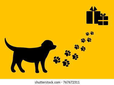 The trip to the christmas gifts. Dog and path with the paw prints. Flat design.