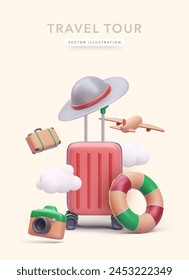 Trip concept poster in 3d realistic style with suitcase, clouds, hat, camera, airplane, lifebuoy. Vector illustration