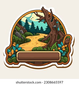 A trip to the countryside. Travelling through the forest. Geocaching treasure hunt among the trees. Cartoon vector illustration. label, sticker