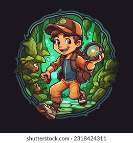 A trip to the countryside. Travelling through the forest. Geocaching treasure hunt among the trees. Cartoon vector illustration. label, sticker