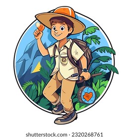 A trip to the countryside. Travelling through the forest. Geocaching treasure hunt among the trees. Cartoon vector illustration. label, sticker