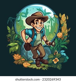 A trip to the countryside. Travelling through the forest. Geocaching treasure hunt among the trees. Cartoon vector illustration. label, sticker